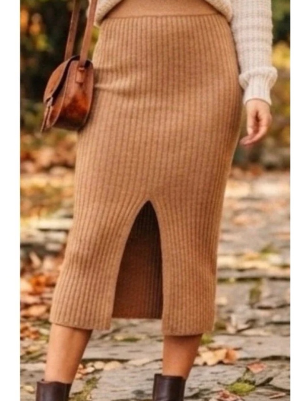 Free People Caramel Heather Skyline Ribbed Knit Midi Skirt, Size M
